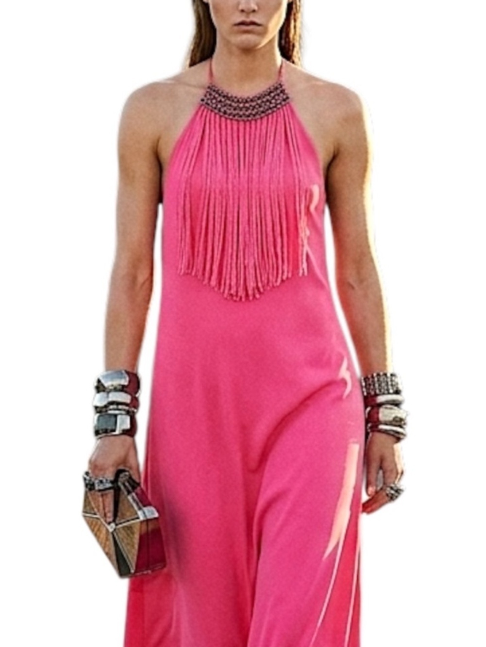 Zara beaded fringed watermelon pink midi maxi dress S